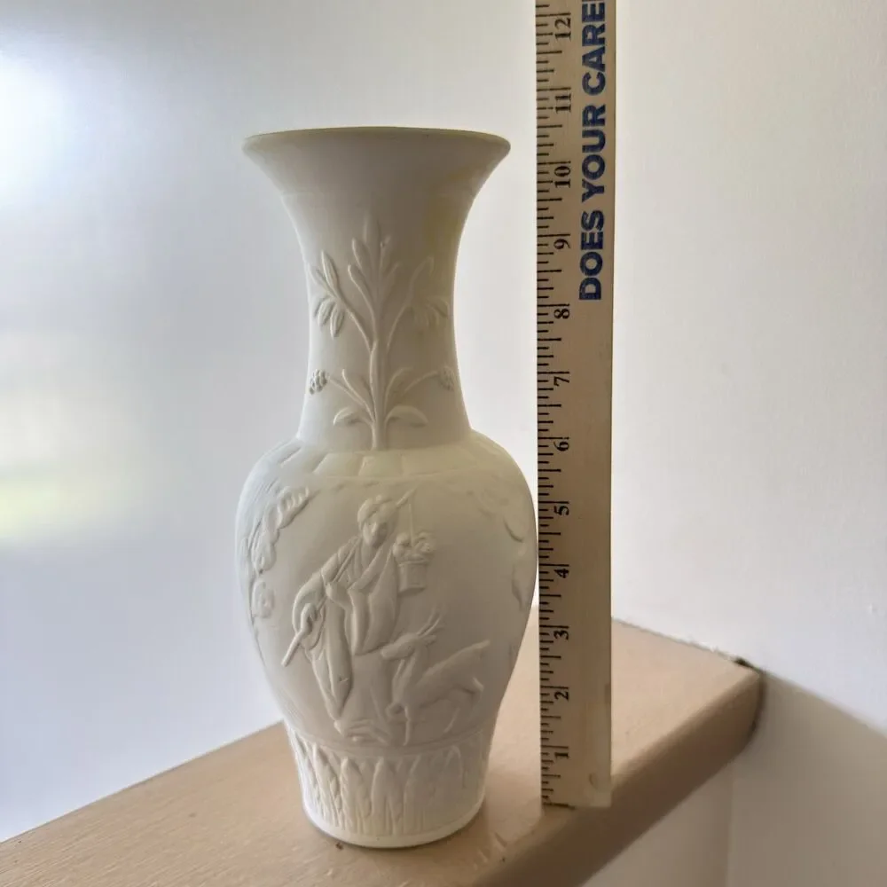 Vintage Handmade Unglazed Posy Vase Hand Carved Pottery Off White10 Inches